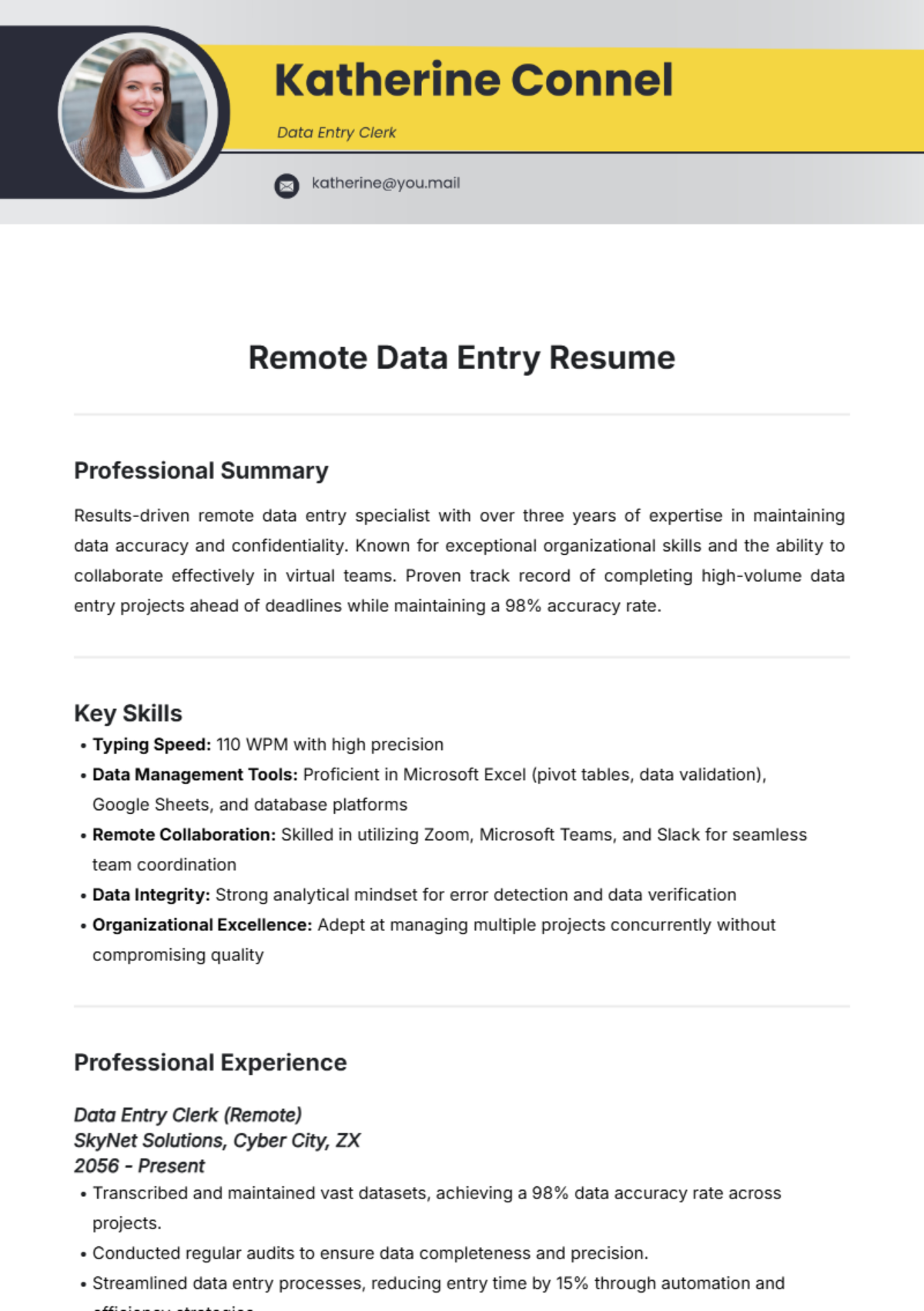 Remote Data Entry Resume Template