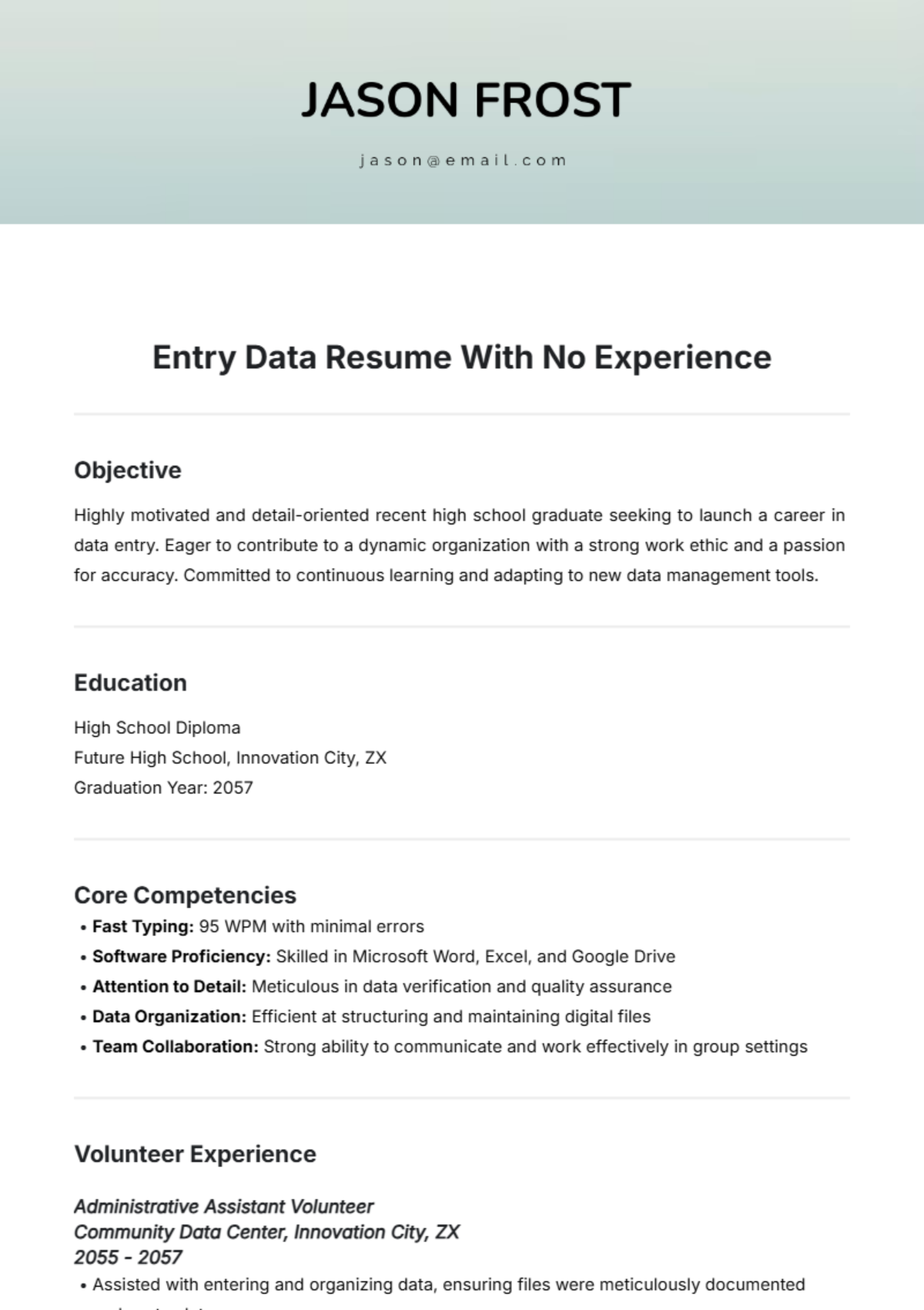 Entry Data Resume With No Experience Template