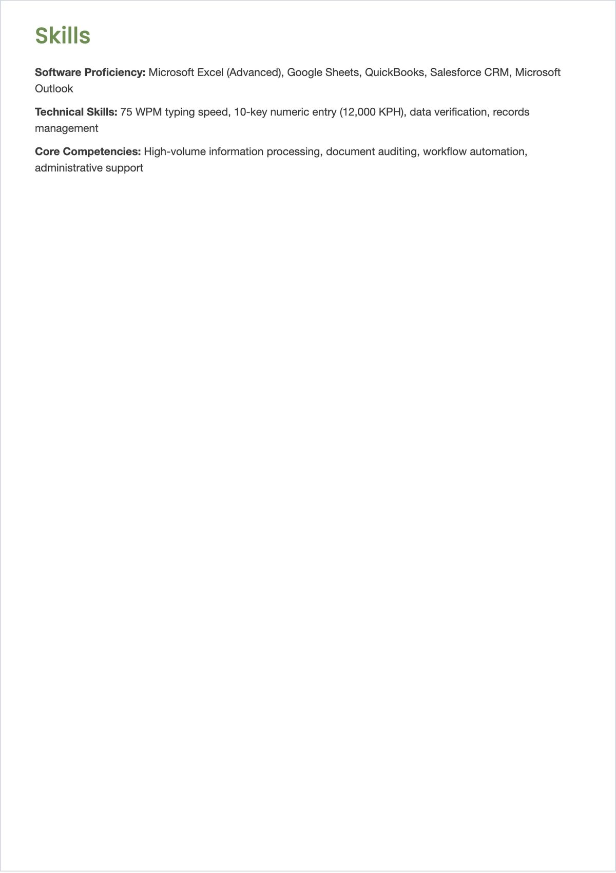 Free Entry Data ATS Resume With No Experience Template