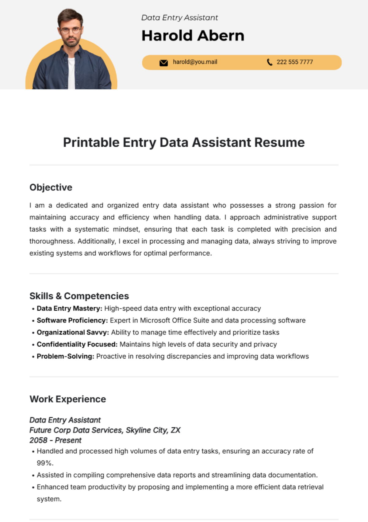 Printable Entry Data Assistant Resume Template