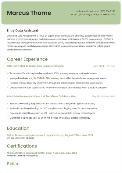 Free Printable Entry Data Assistant ATS Resume Template