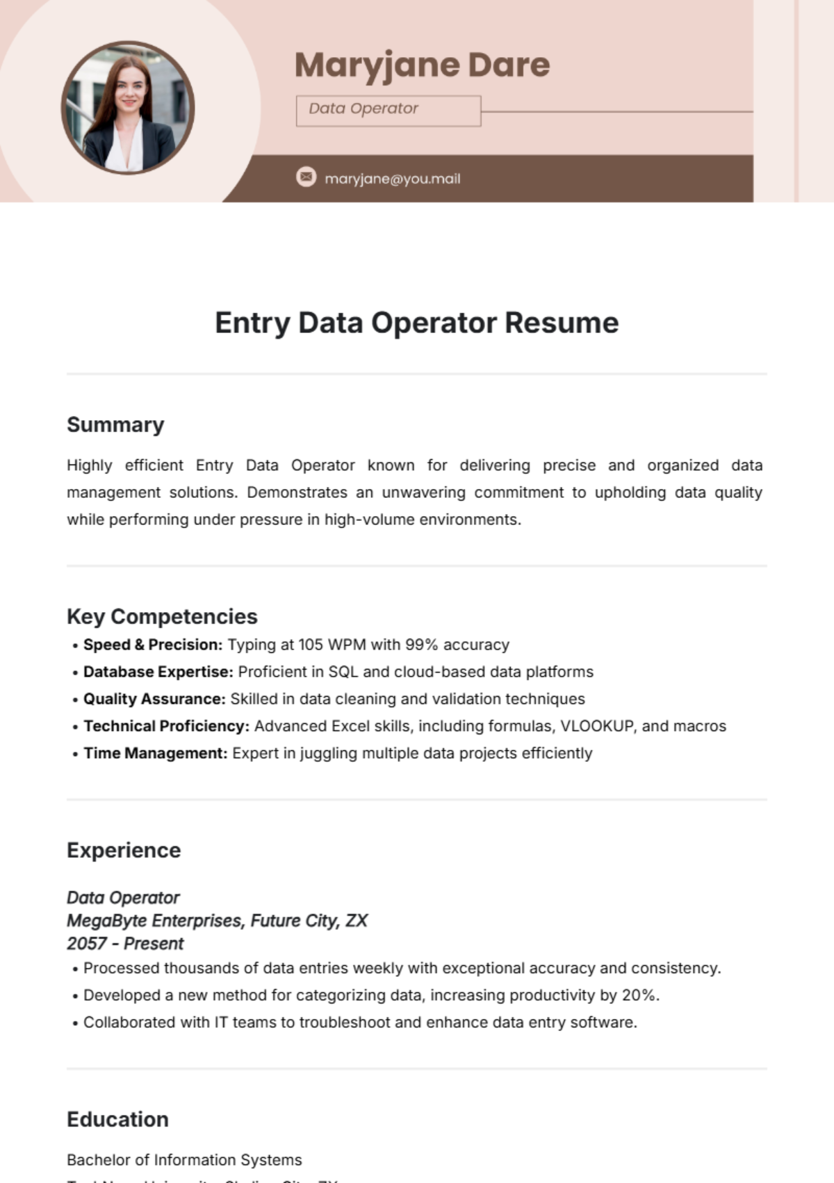 Entry Data Operator Resume Template