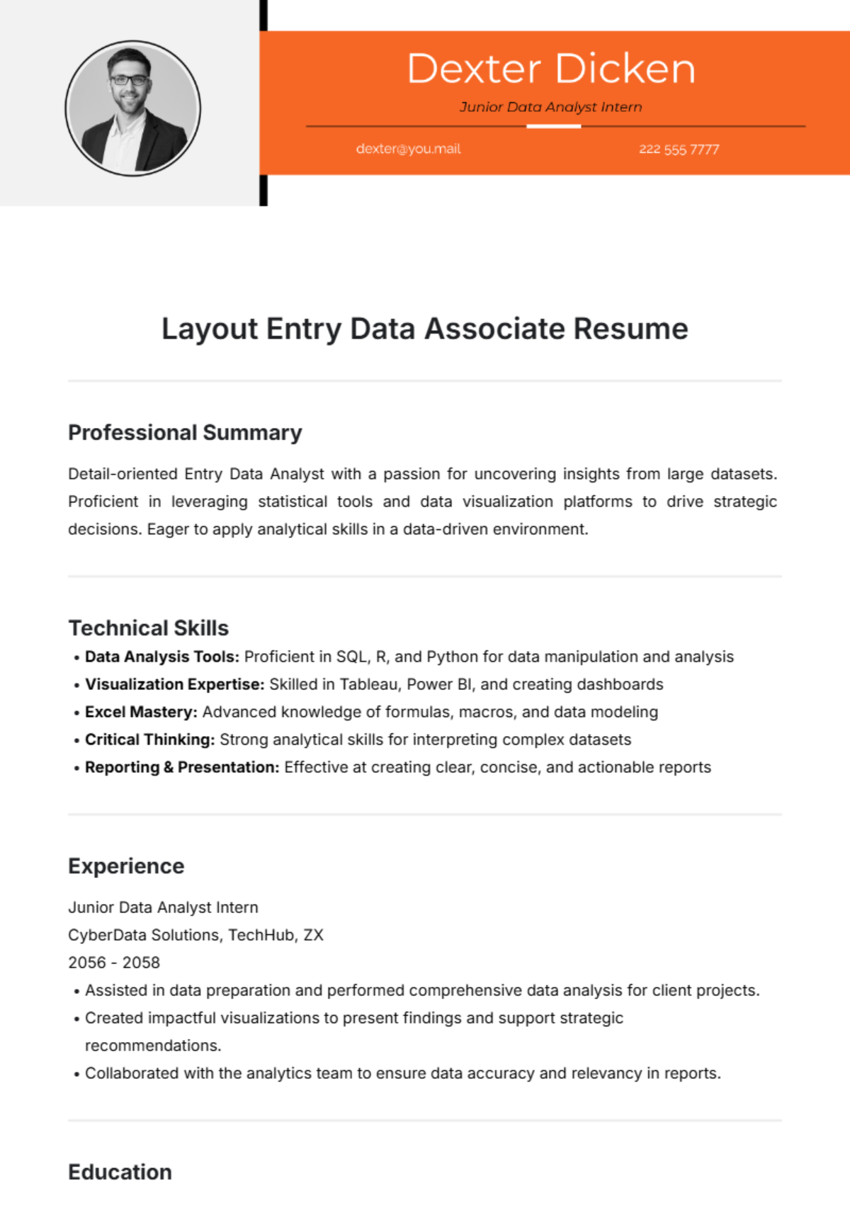 Layout Entry Data Associate Resume Template