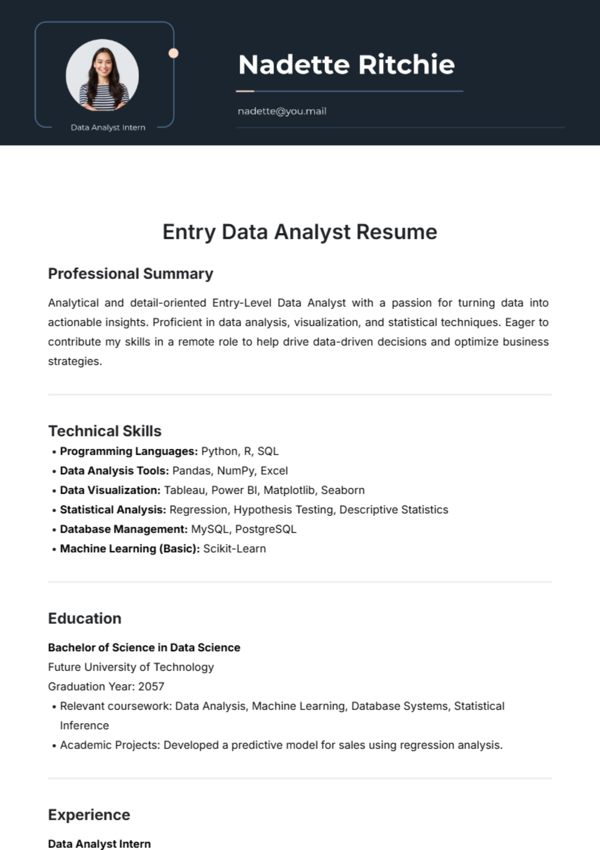 Entry Data Analyst Resume Template