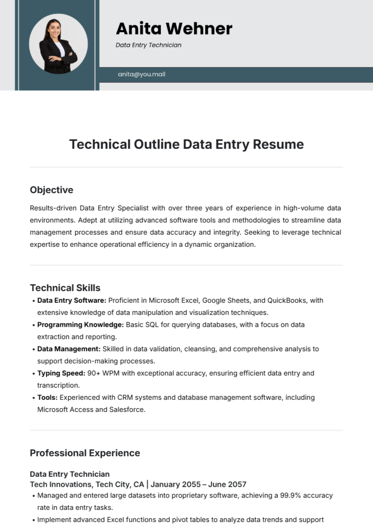 Technical Outline Data Entry Resume Template