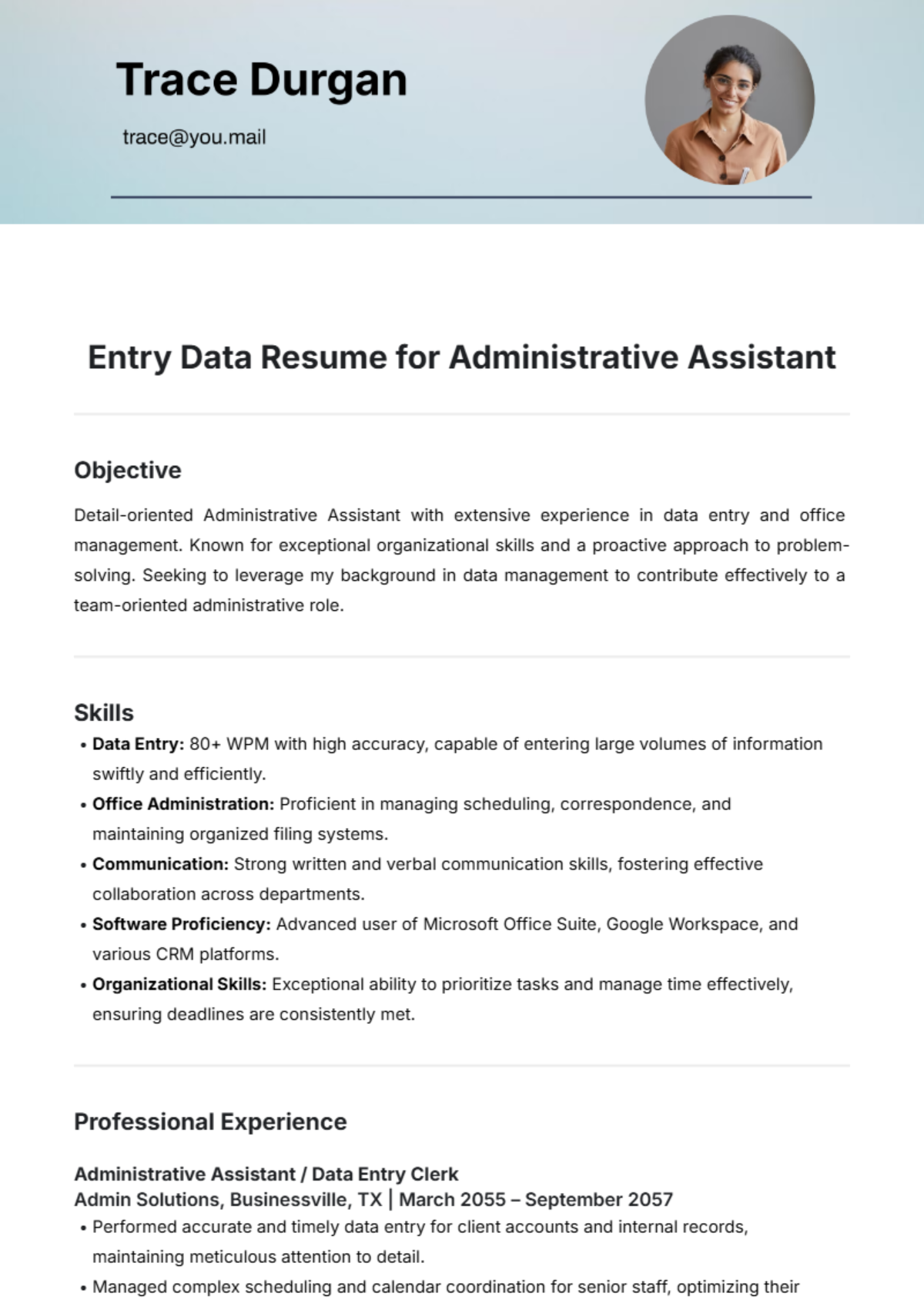 Entry Data Resume For Administrative Assistant Template