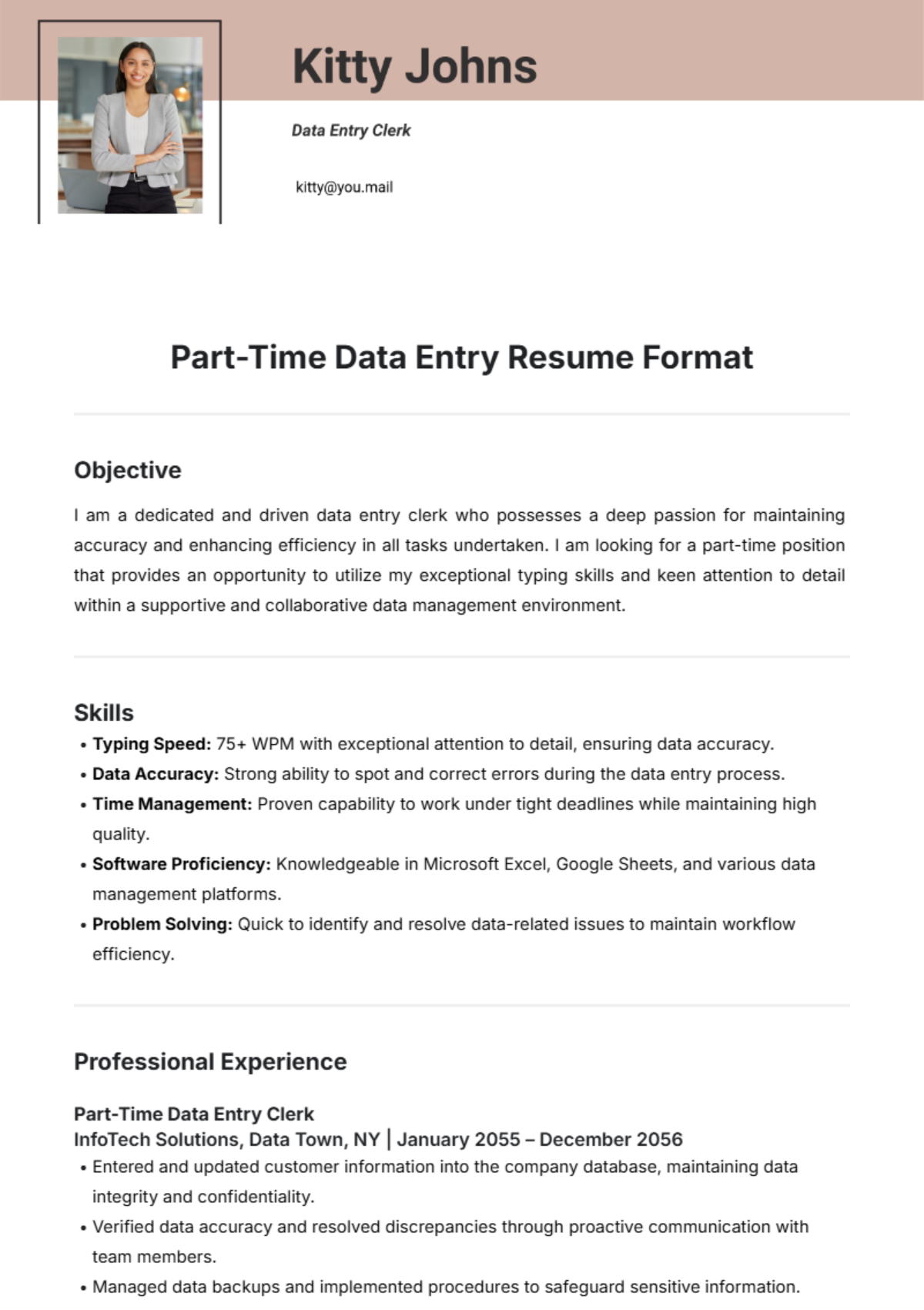 Part-Time Data Entry Resume Format Template