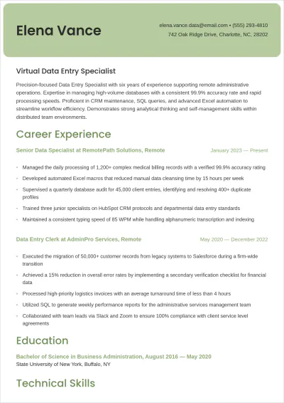 Free Aesthetic Virtual Data Entry ATS Resume Template