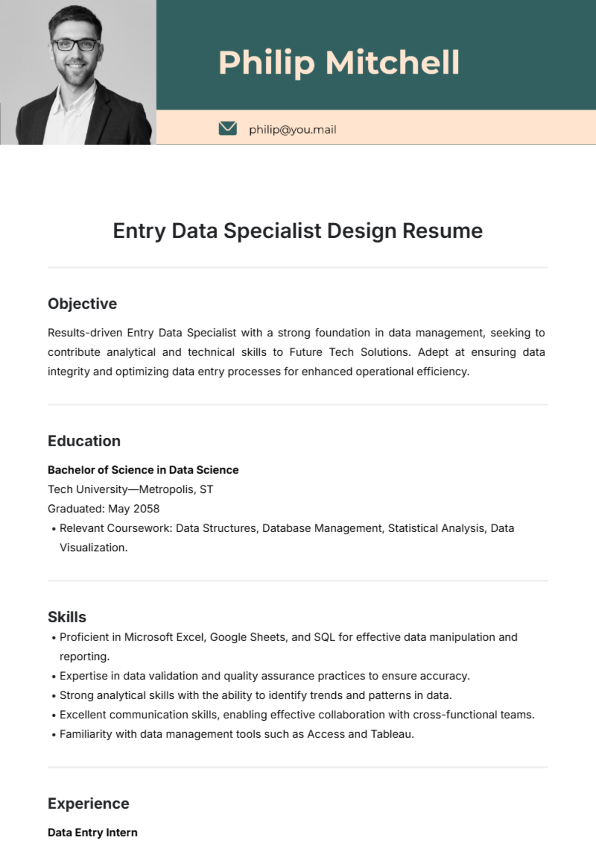 Entry Data Specialist Design Resume Template