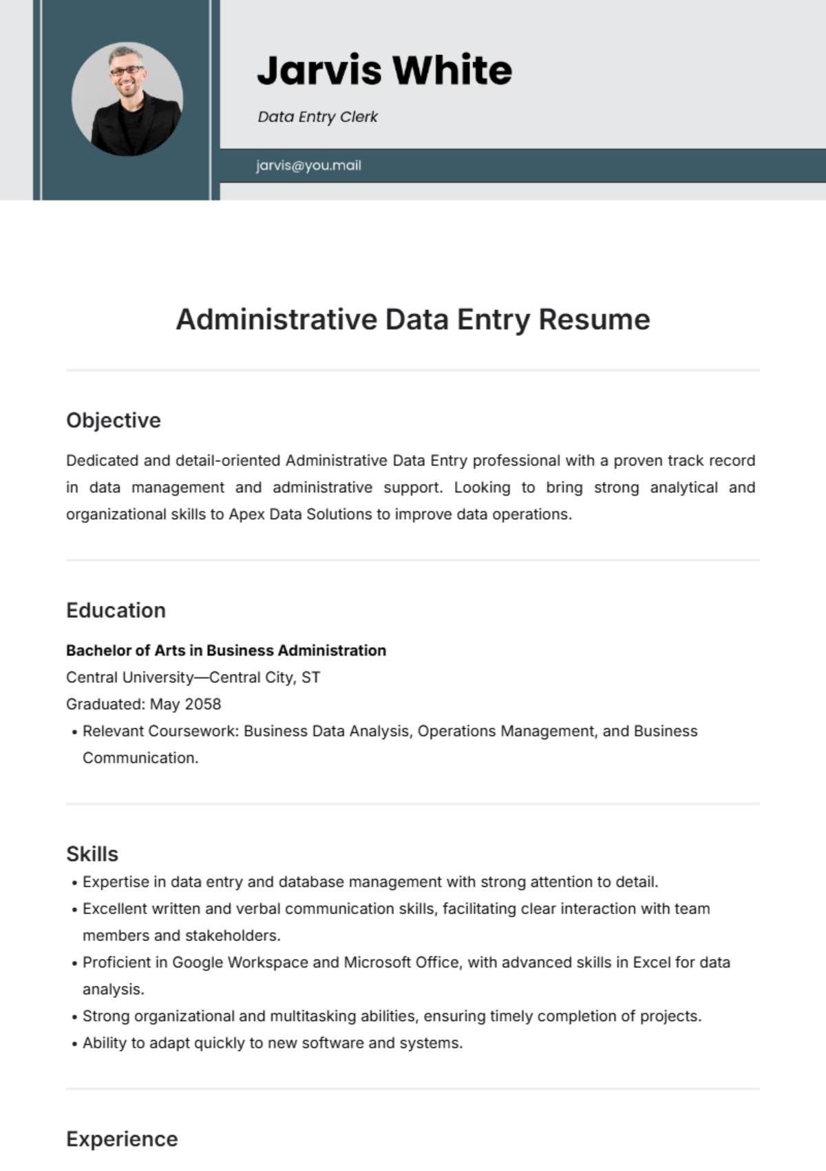 Administrative Data Entry Resume Template