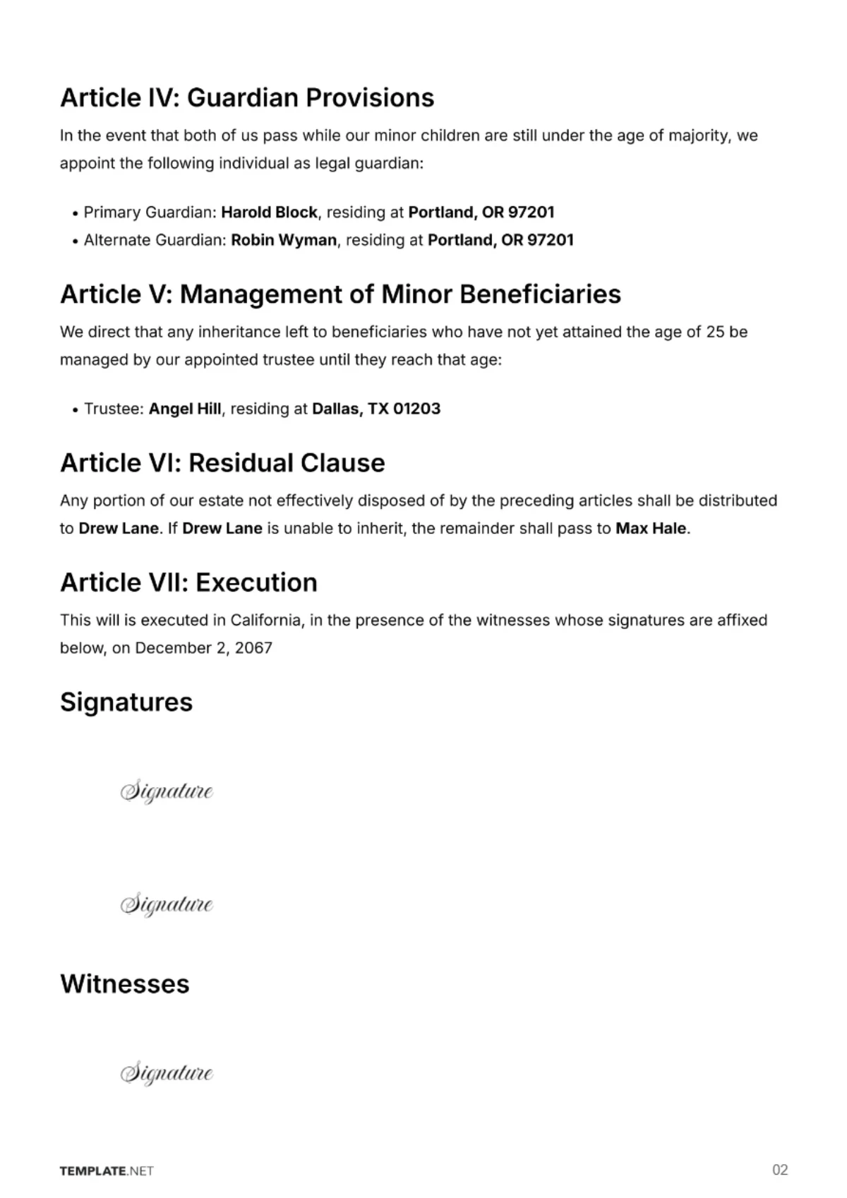 Free Joint Will with Guardian Provisions Template to Edit Online