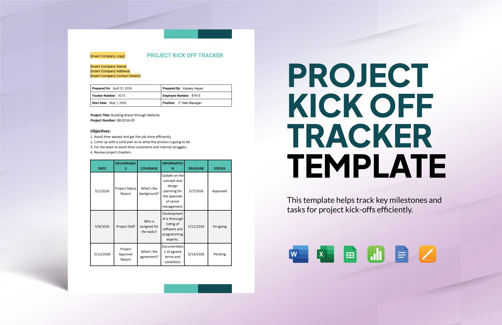 Project Kick Off Tracker Template in Word, Google Docs, Excel, Google Sheets, Apple Pages, Apple Numbers