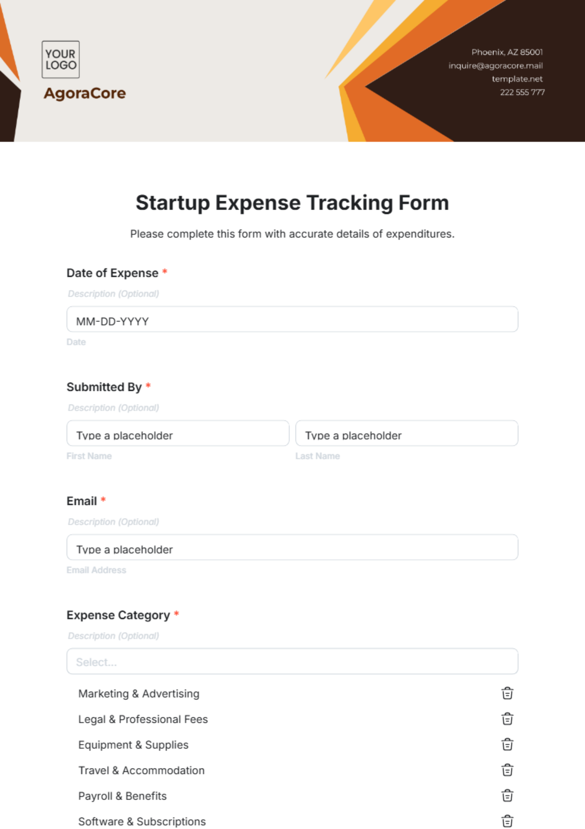 Startup Expense Tracking Form Template