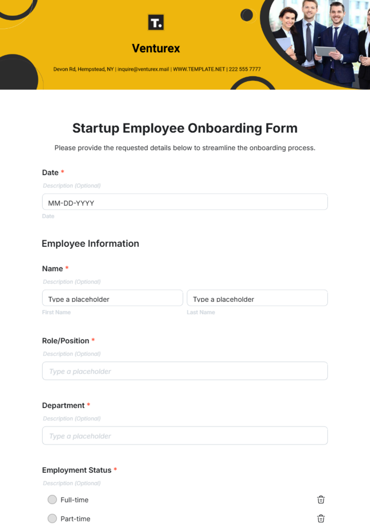 Startup Employee Onboarding Form Template