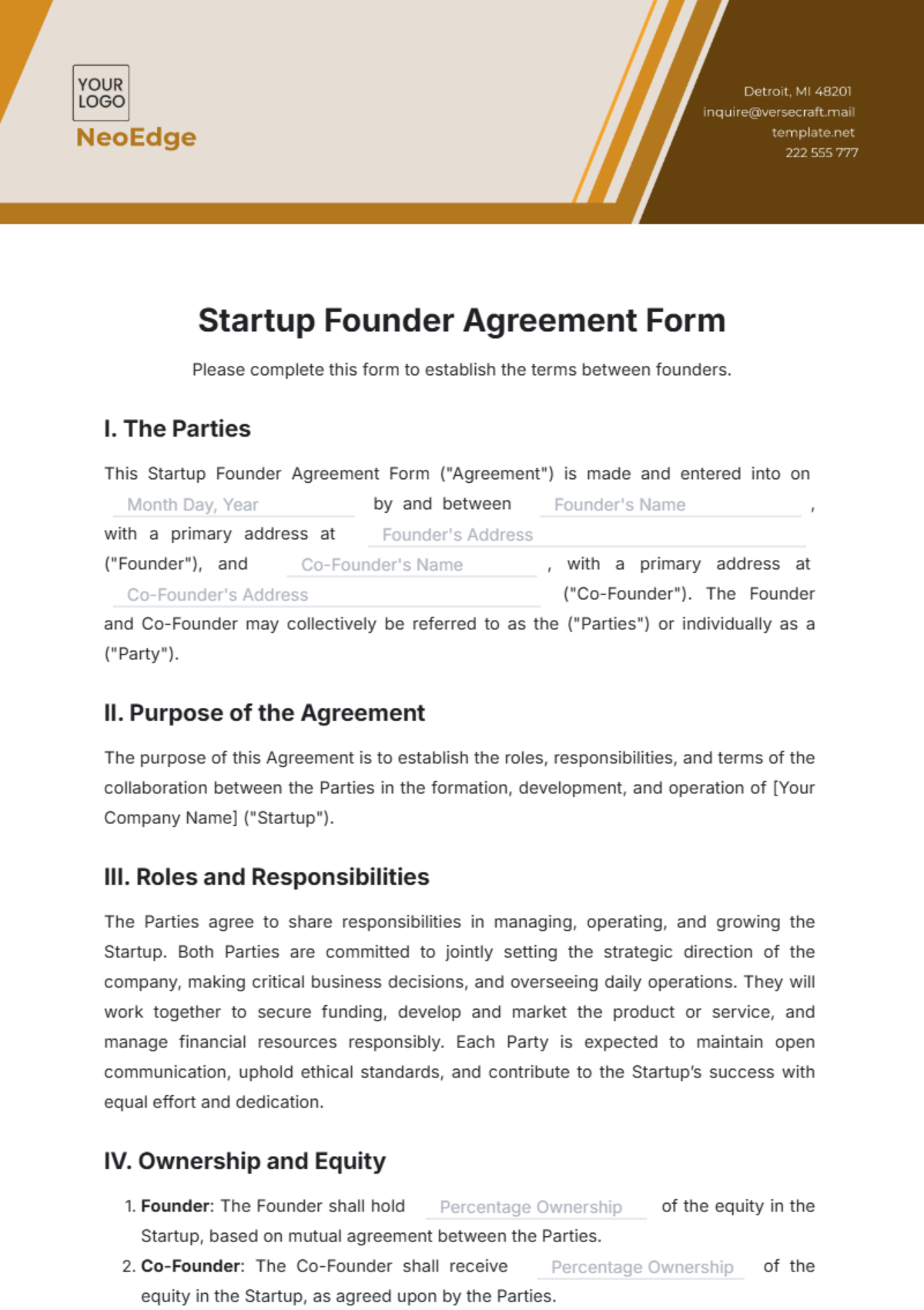 Startup Founder Agreement Form Template