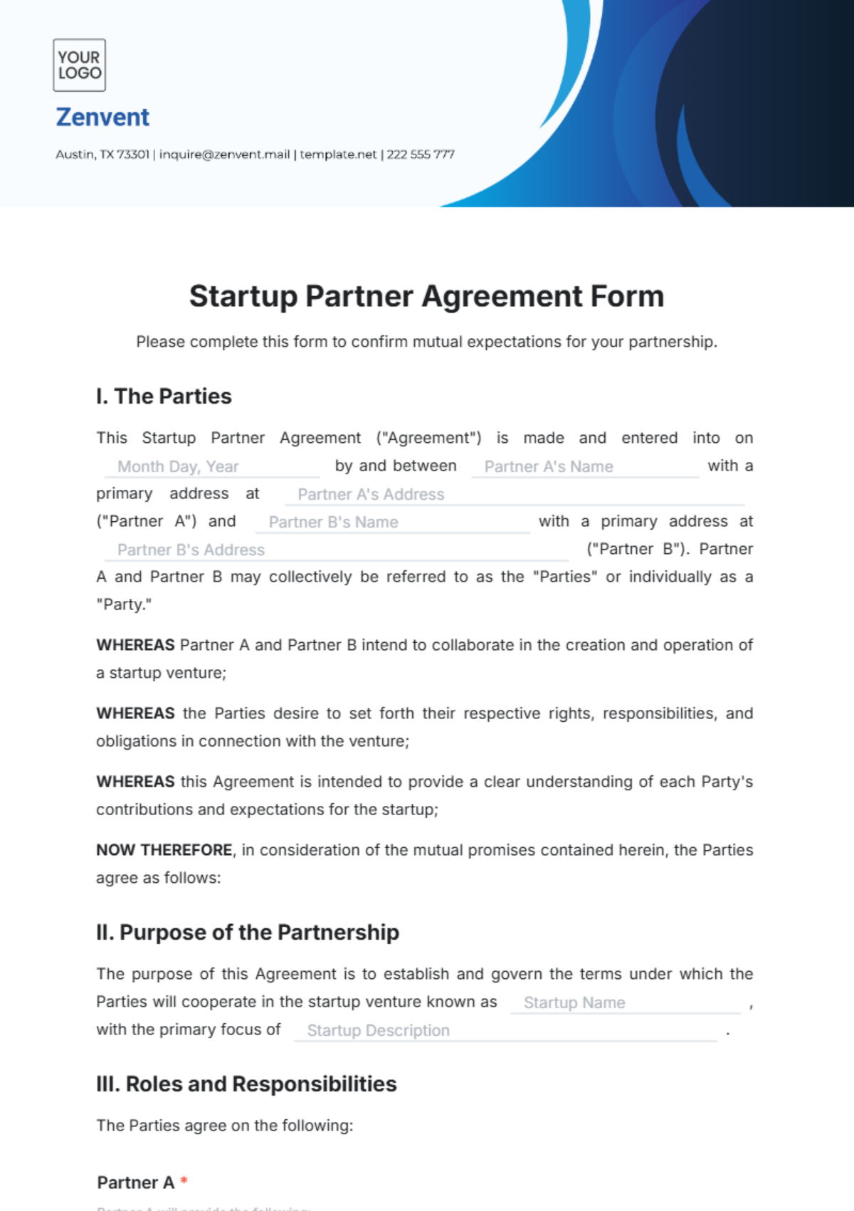 Startup Partner Agreement Form Template