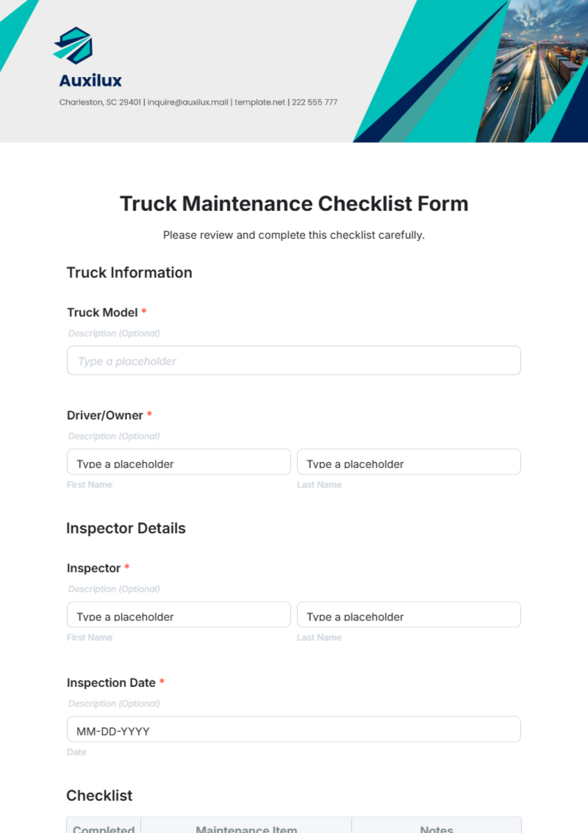 Truck Maintenance Checklist Form Template - Edit Online & Download