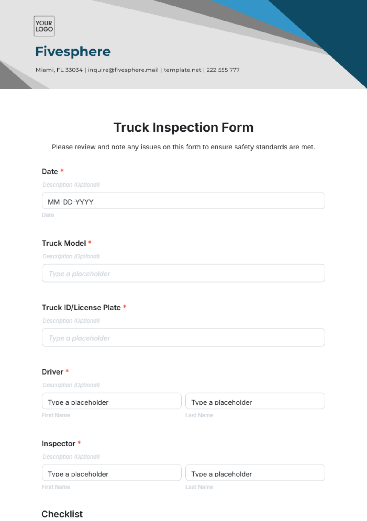 Truck Inspection Form Template - Edit Online & Download