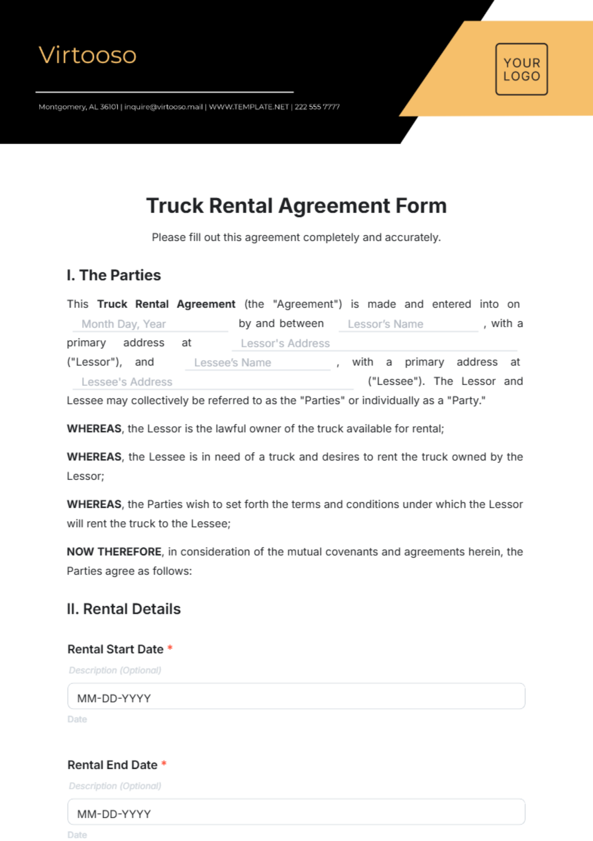 Truck Rental Agreement Form Template - Edit Online & Download