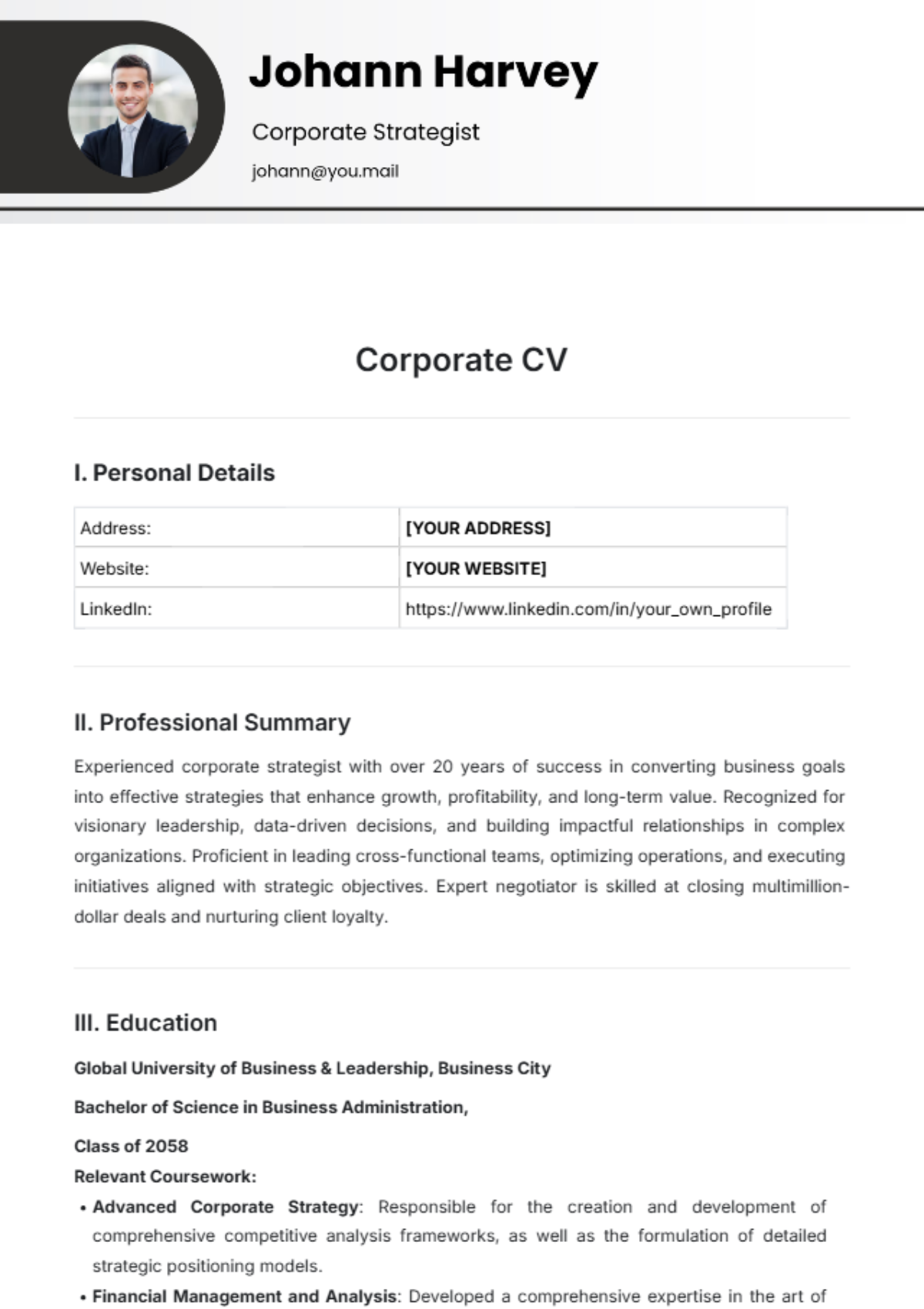 Corporate CV Template - Edit Online & Download