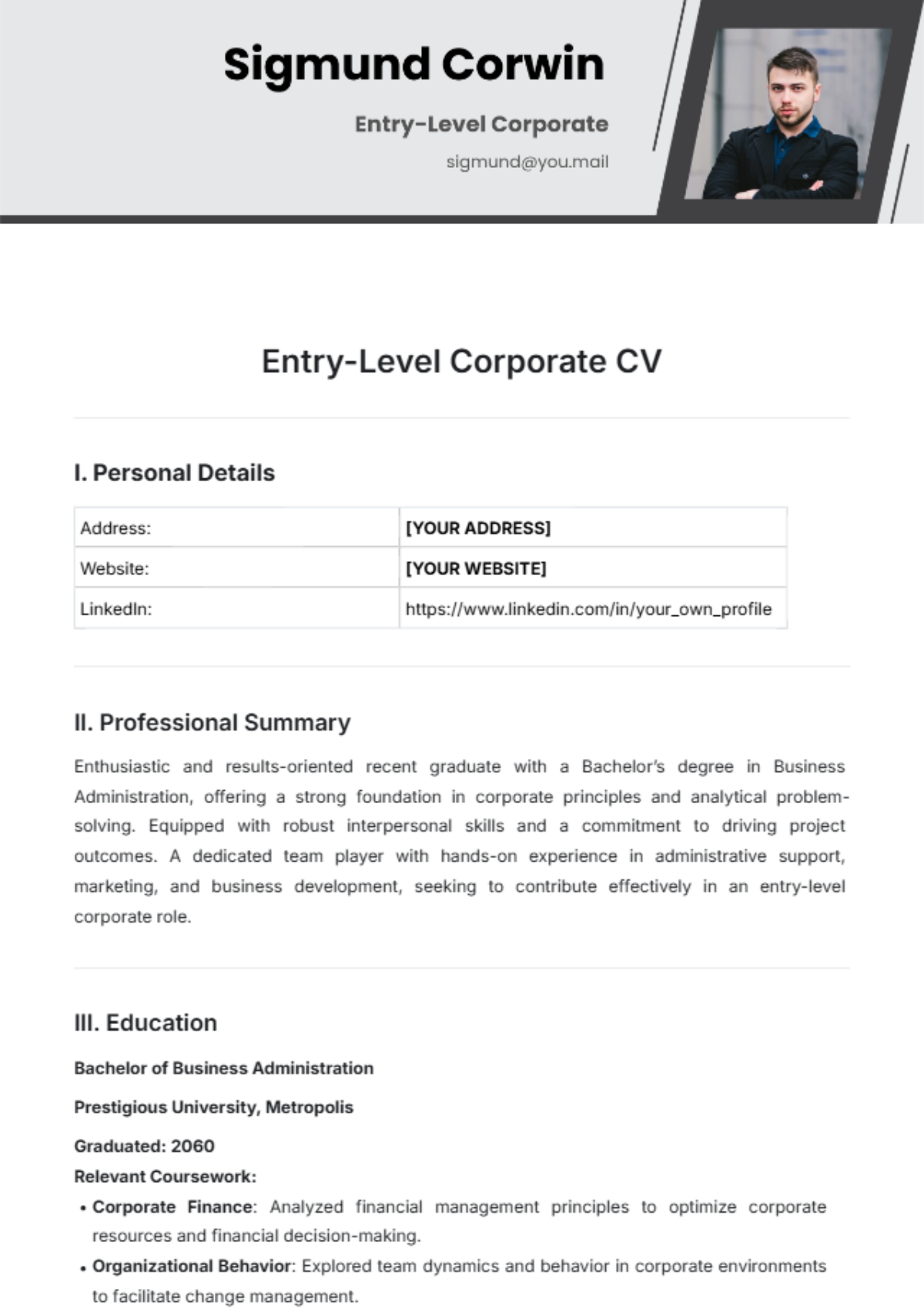 Entry- Level Corporate CV Template - Edit Online & Download