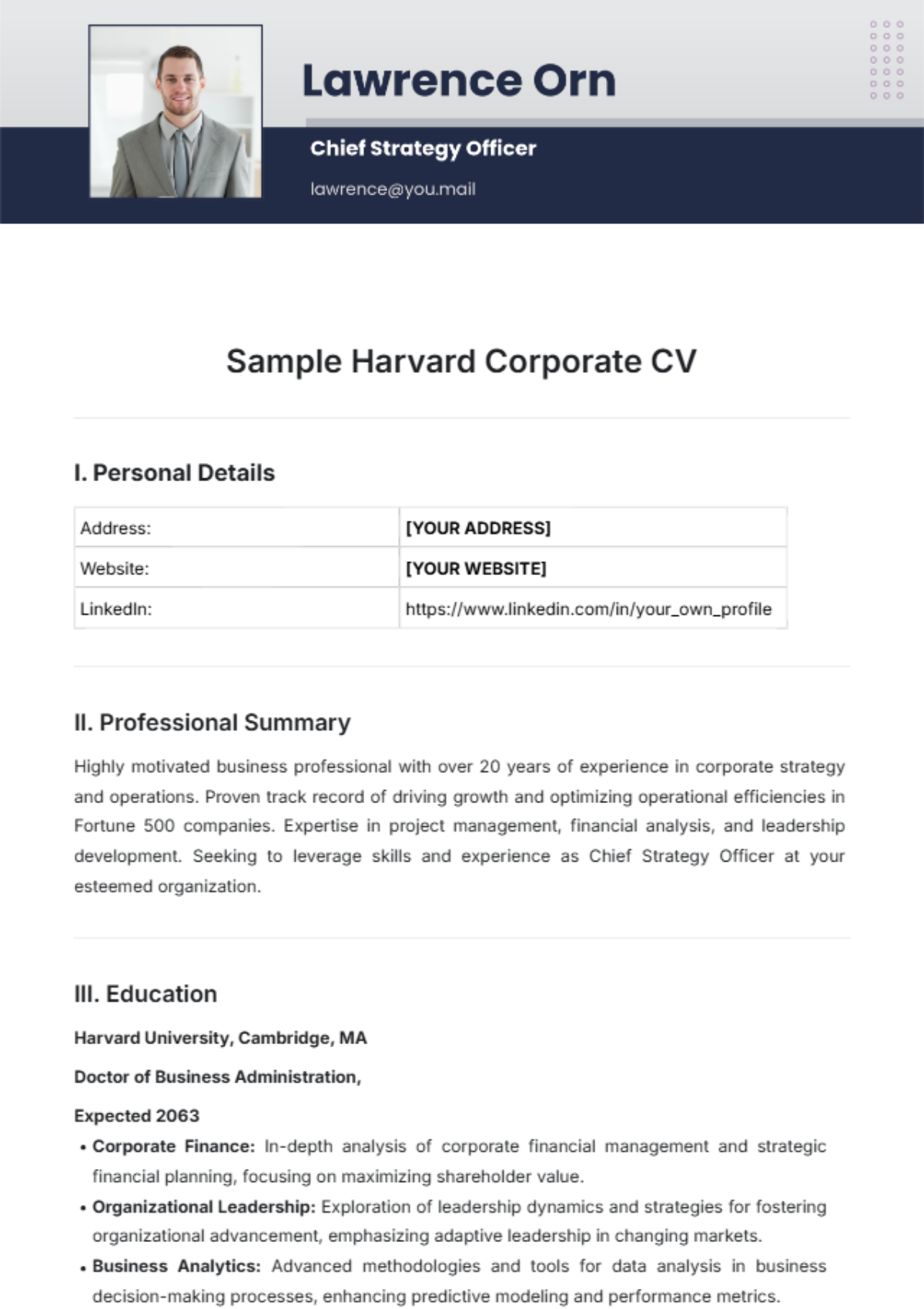 Sample Harvard Corporate CV Template