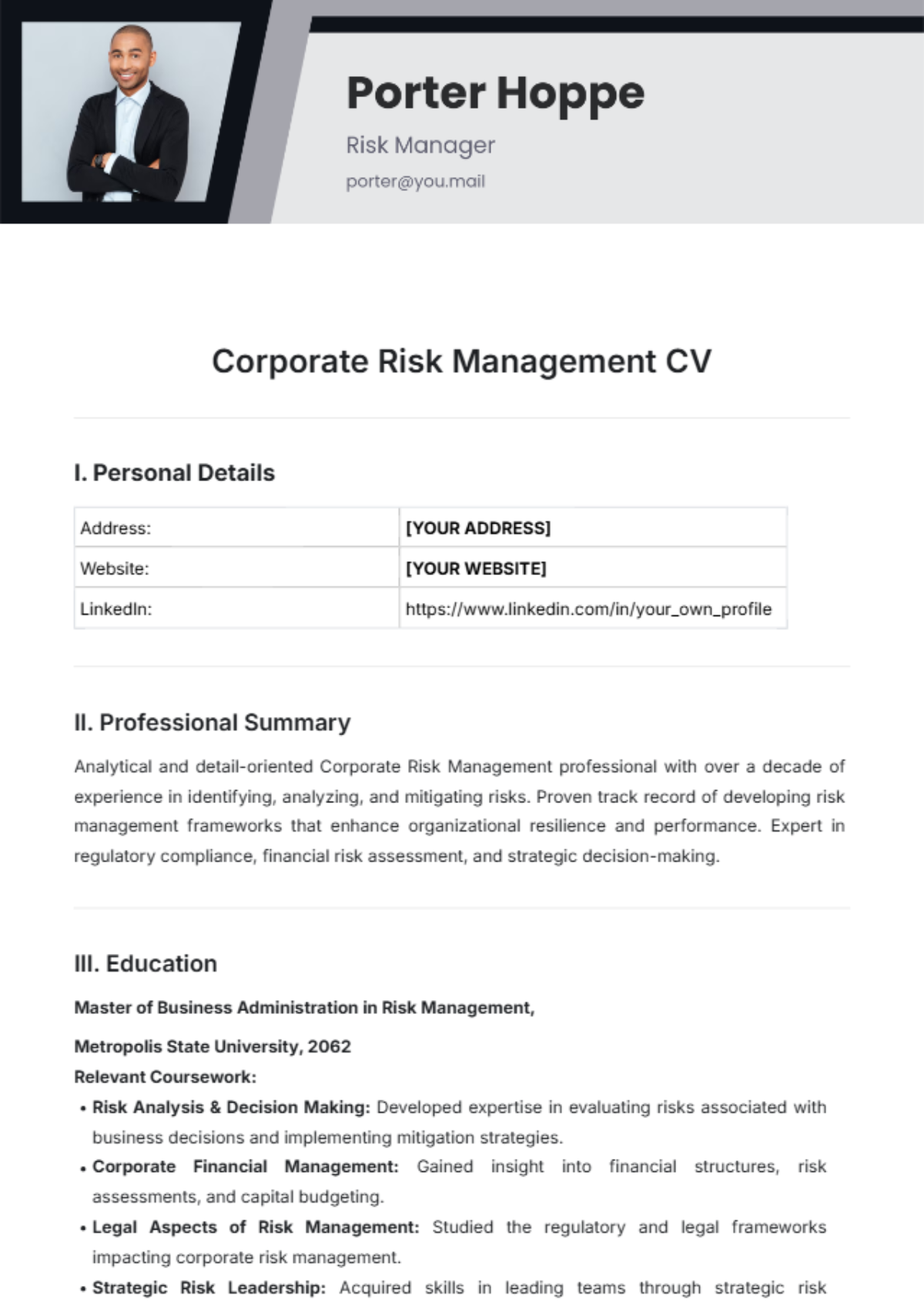 Corporate Risk Management CV Template