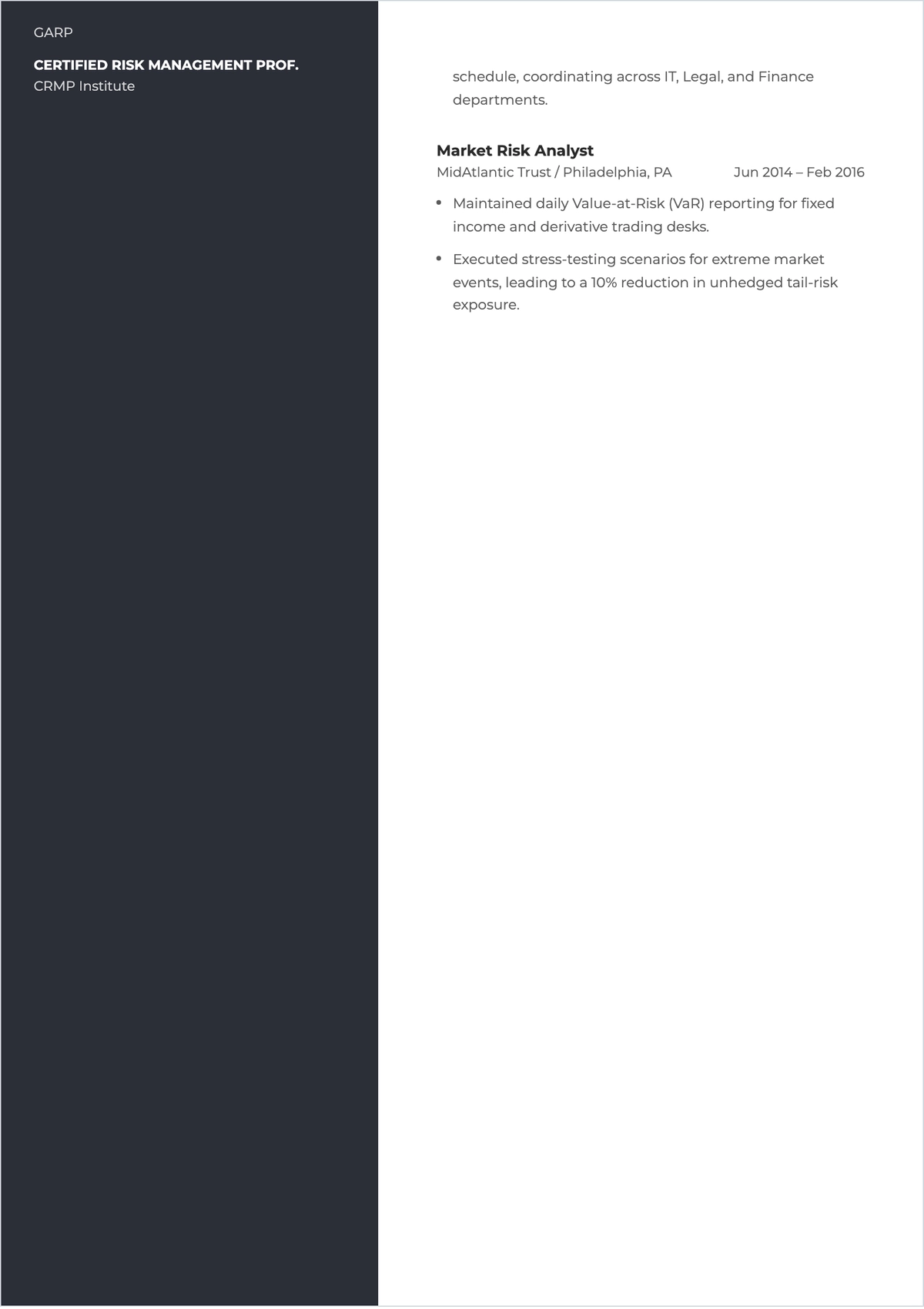 Free Corporate Risk Management ATS CV Template, AI CV Builder
