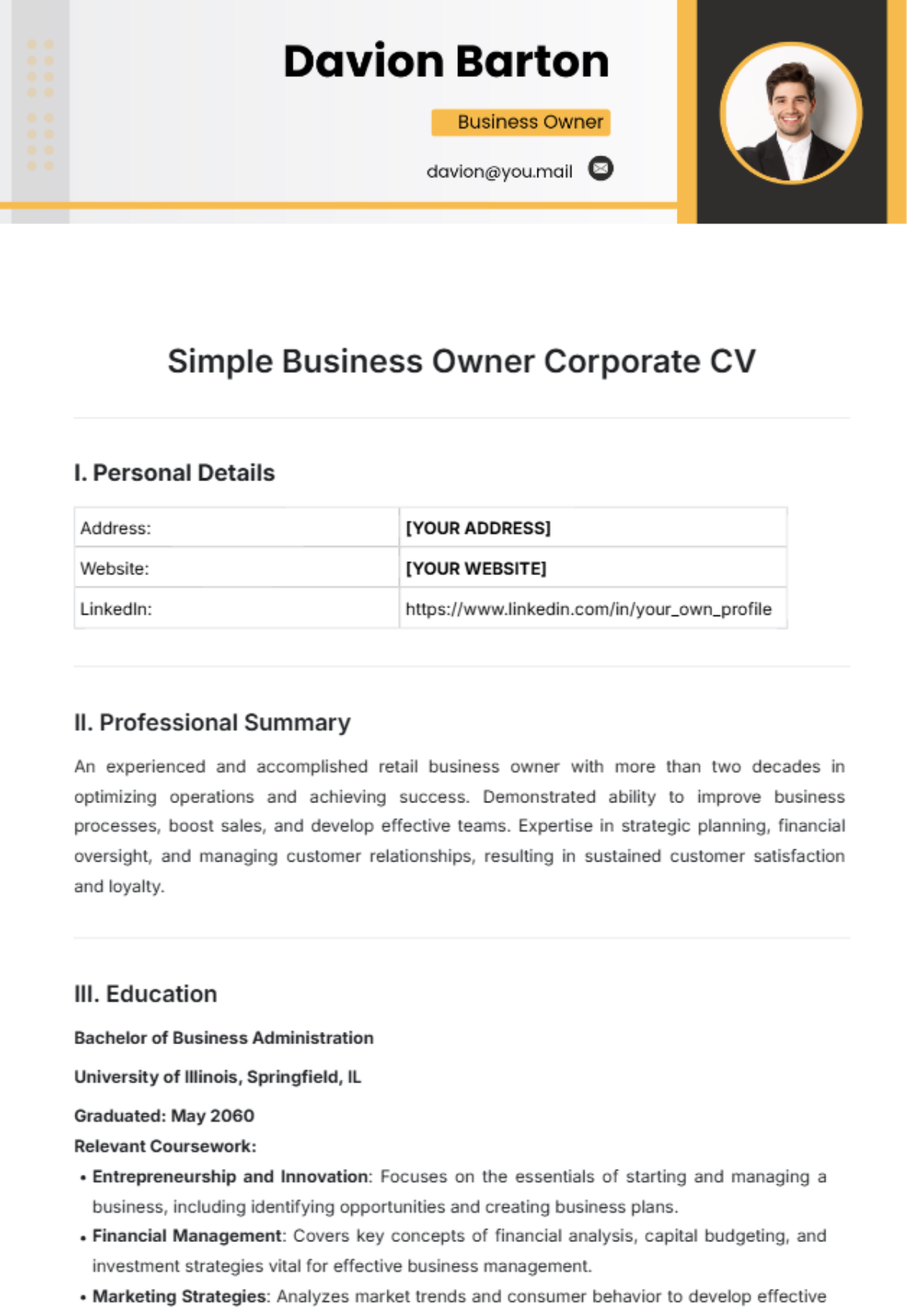 Simple Business Owner Corporate CV Template