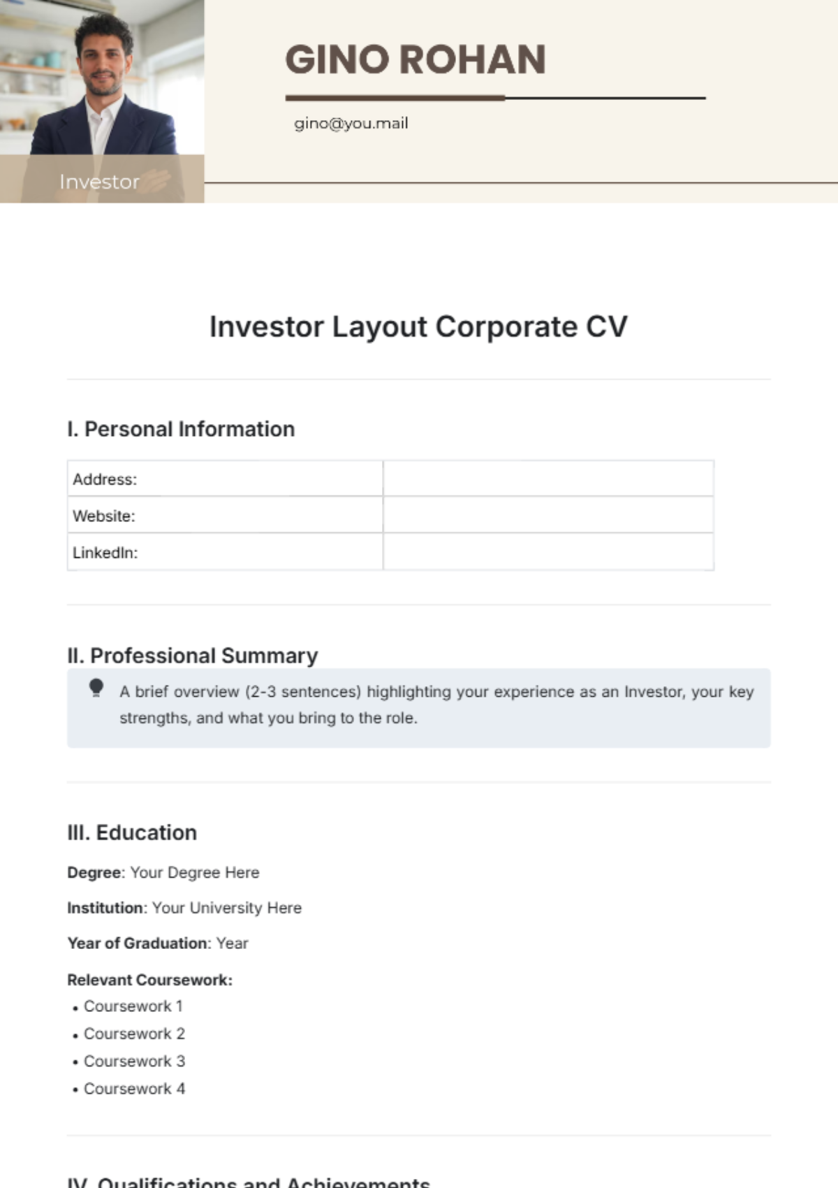 Investor Layout Corporate CV Template