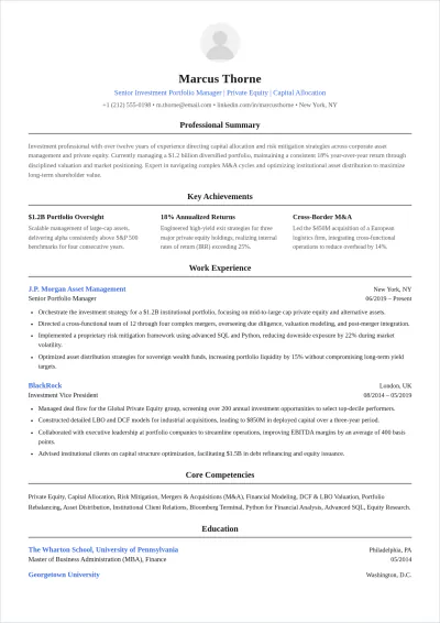 Free Investor Layout Corporate ATS CV Template, AI CV Builder
