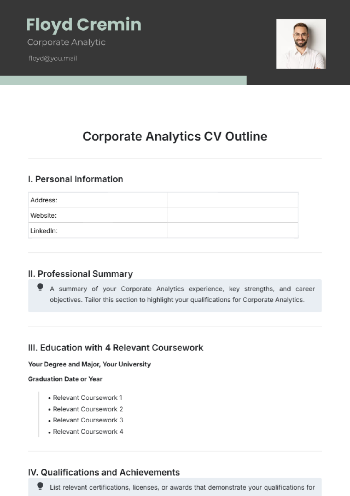 Corporate Analytics CV Outline Template