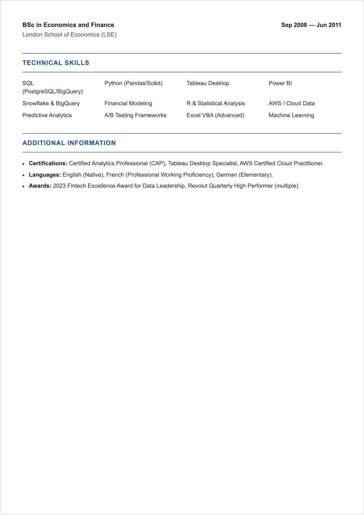 Free Corporate Analytics ATS CV Outline Template, AI CV Builder