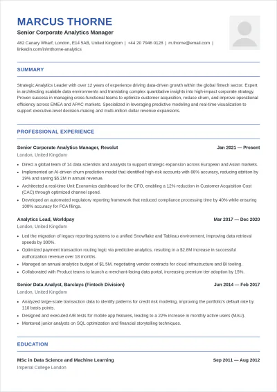 Free Corporate Analytics ATS CV Outline Template, AI CV Builder