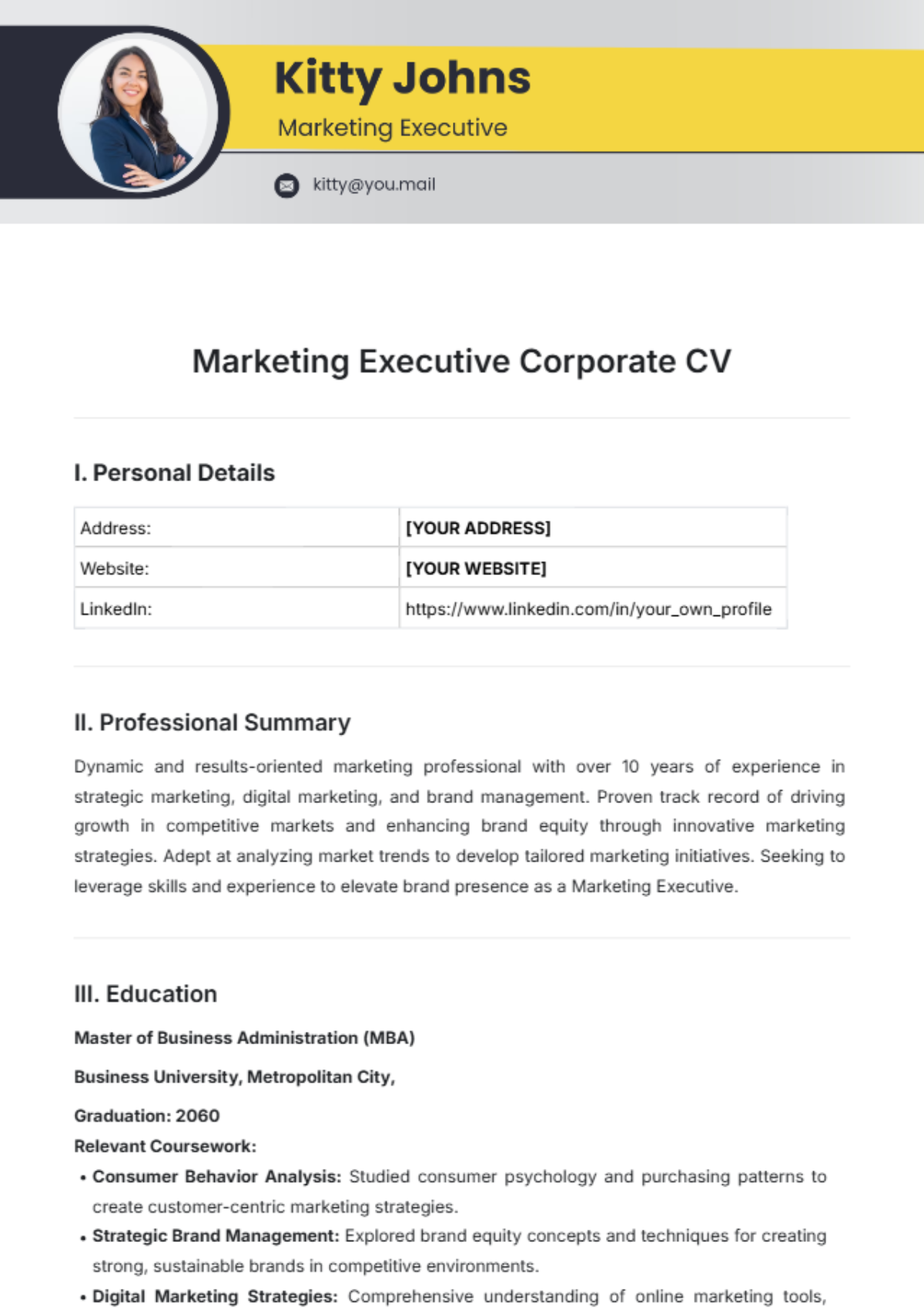 Marketing Executive Corporate CV Template