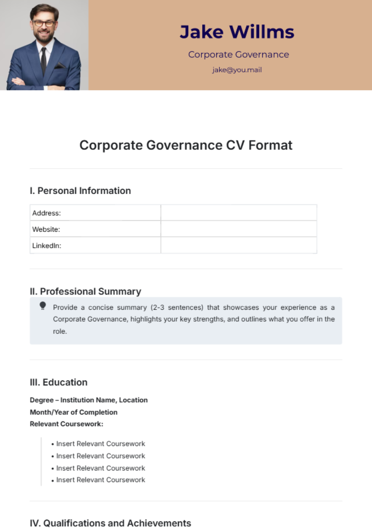 Corporate Governance CV Format Template