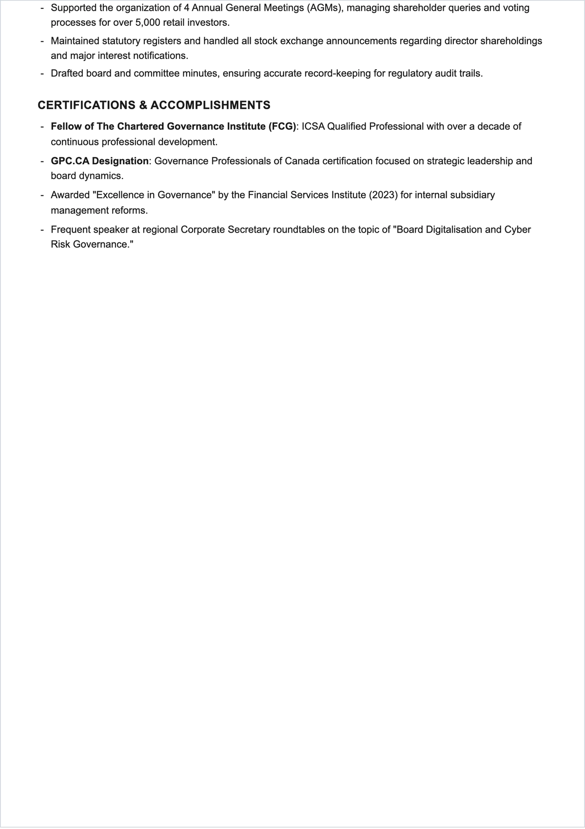 Free Corporate Governance ATS CV Template, AI CV Builder