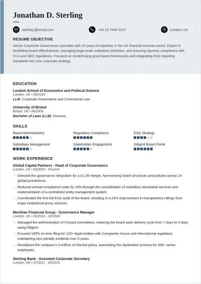 Free Corporate Governance ATS CV Template, AI CV Builder