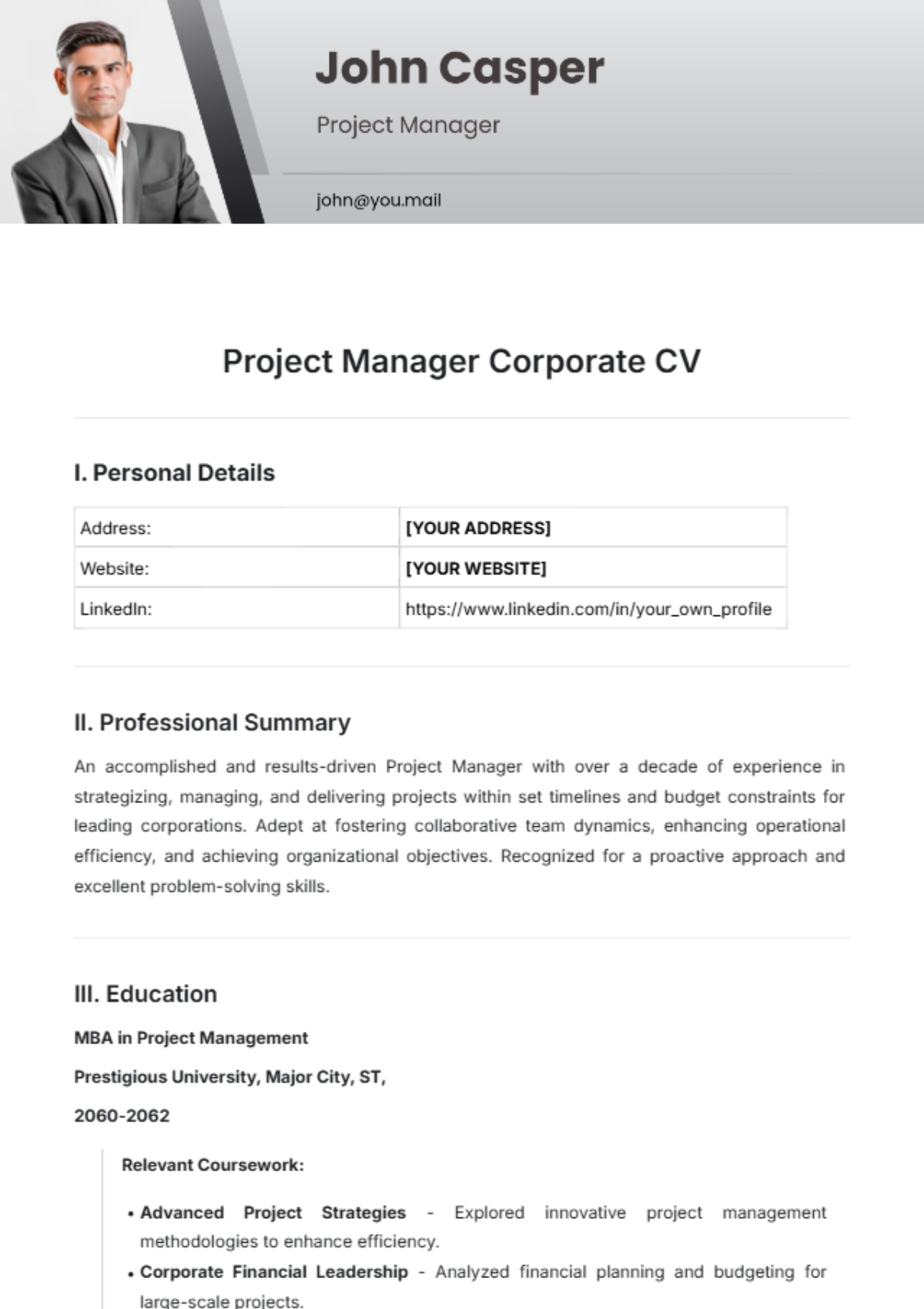 Project Manager Corporate CV Template