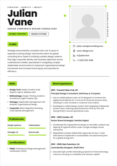 Free Corporate Consultancy Design ATS CV Template, AI CV Builder