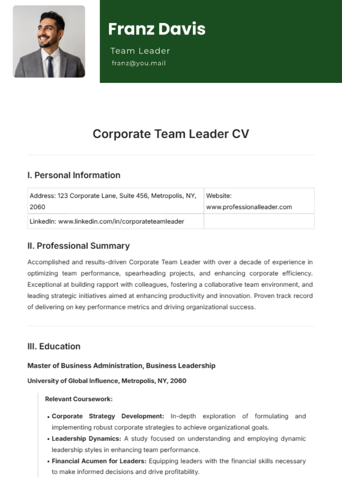 Corporate Team Leader CV Template - Edit Online & Download