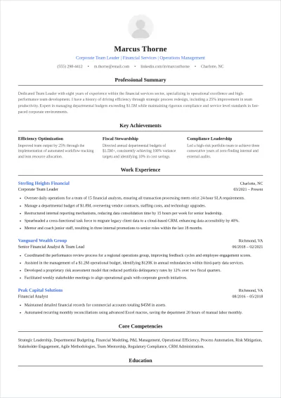 Free Corporate Team Leader ATS CV Template, AI CV Builder