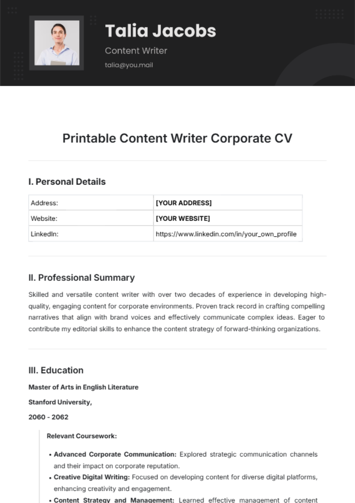 Printable Content Writer Corporate CV Template