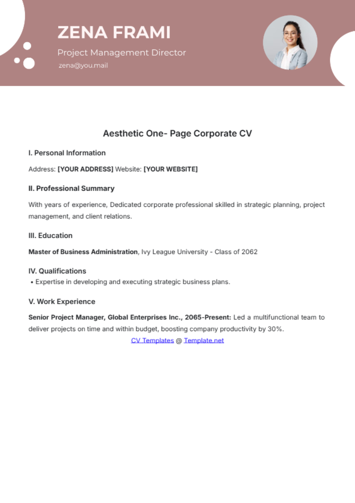 Aesthetic One- Page Corporate CV Template