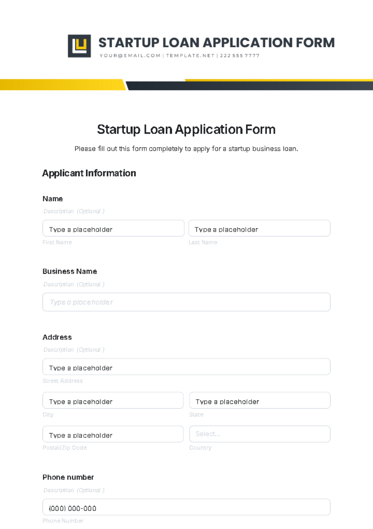 Startup Loan Application Form Template