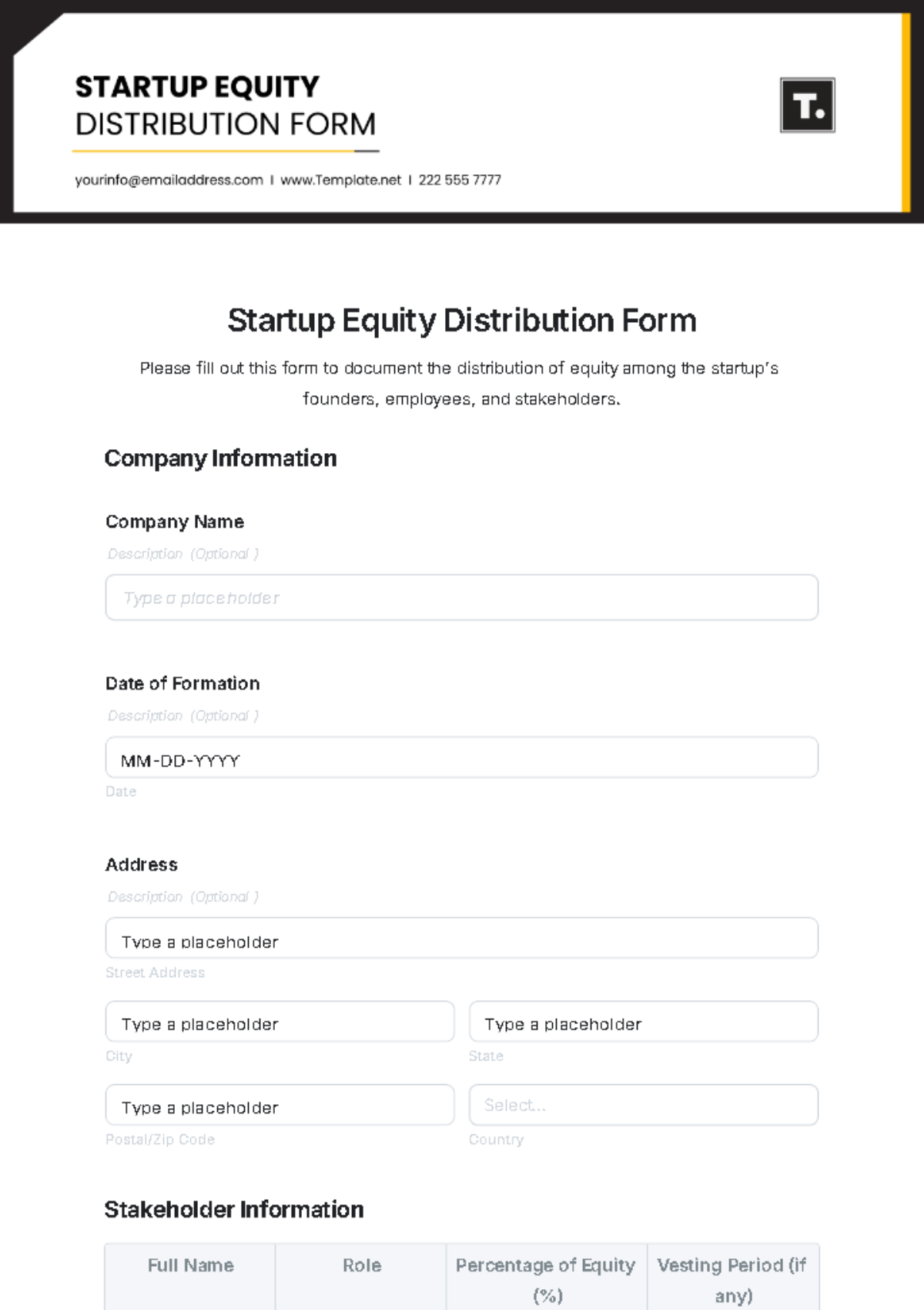 Startup Equity Distribution Form Template