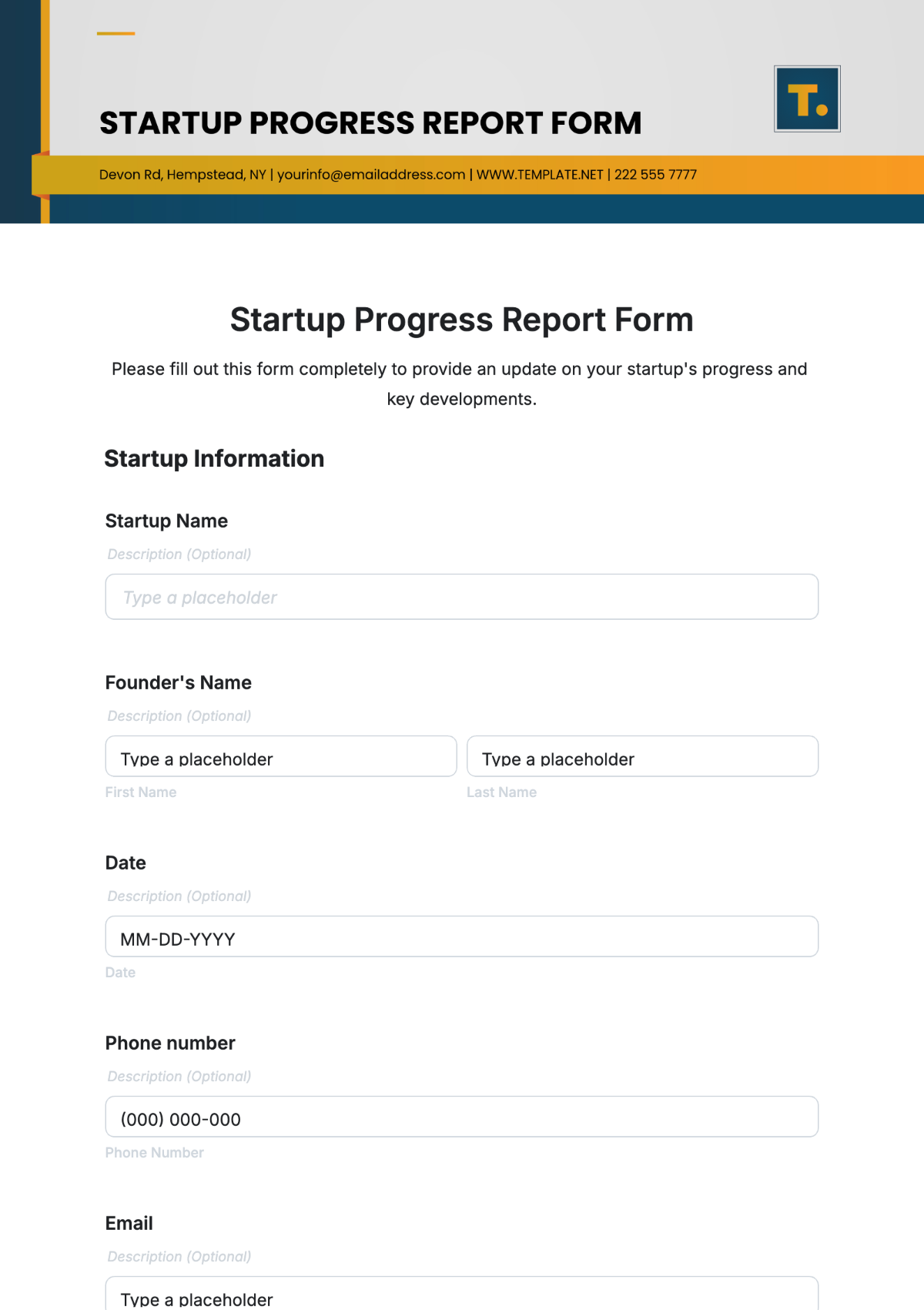 Startup Progress Report Form Template