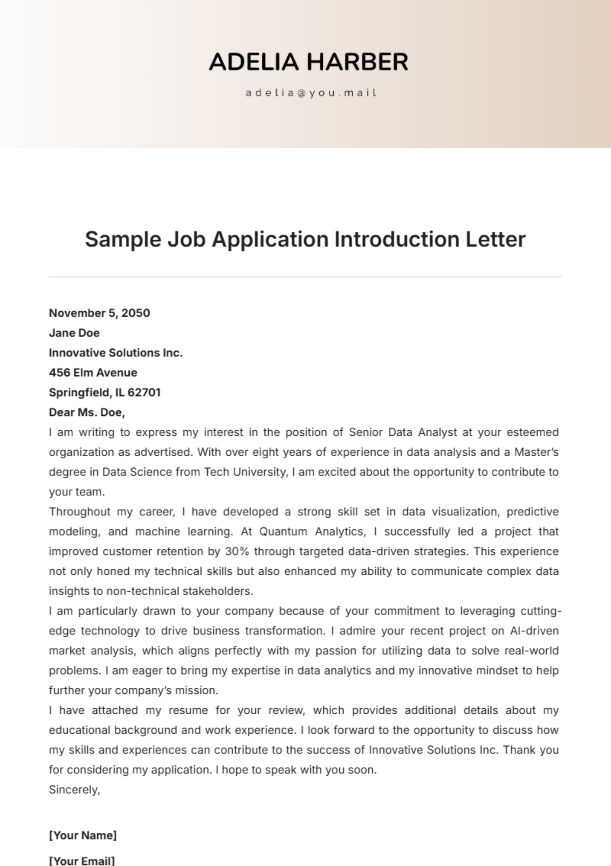 Sample Job Application Introduction Letter Template