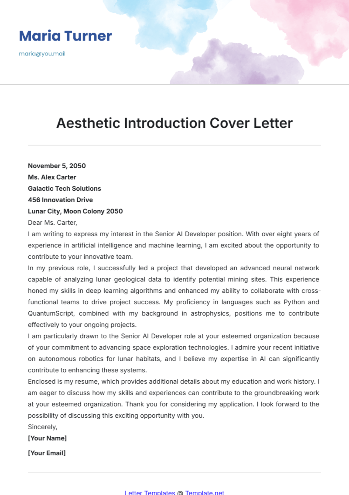 Aesthetic Introduction Cover Letter Template