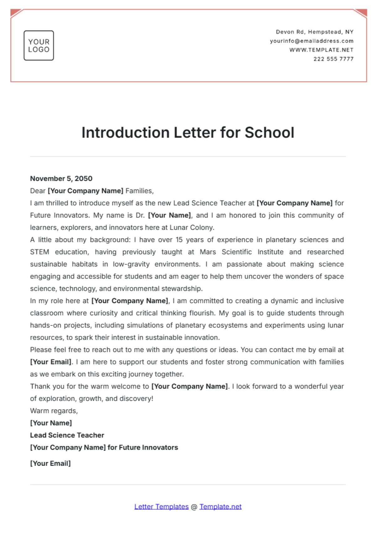 Introduction Letter for School Template